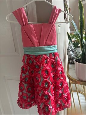 Girls Pink Floral Appliqué Party Dress with Mint Sash
